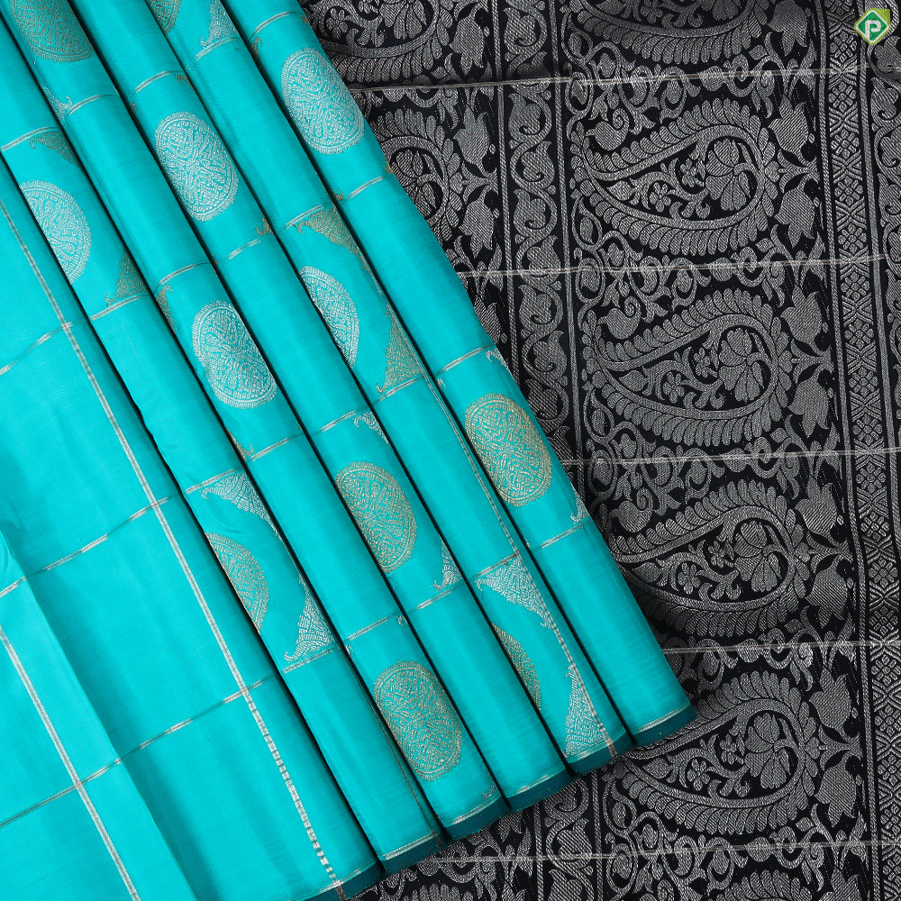 Peacock Green With Silver Zari Checked Edge Border Trendy Designer Silk Saree