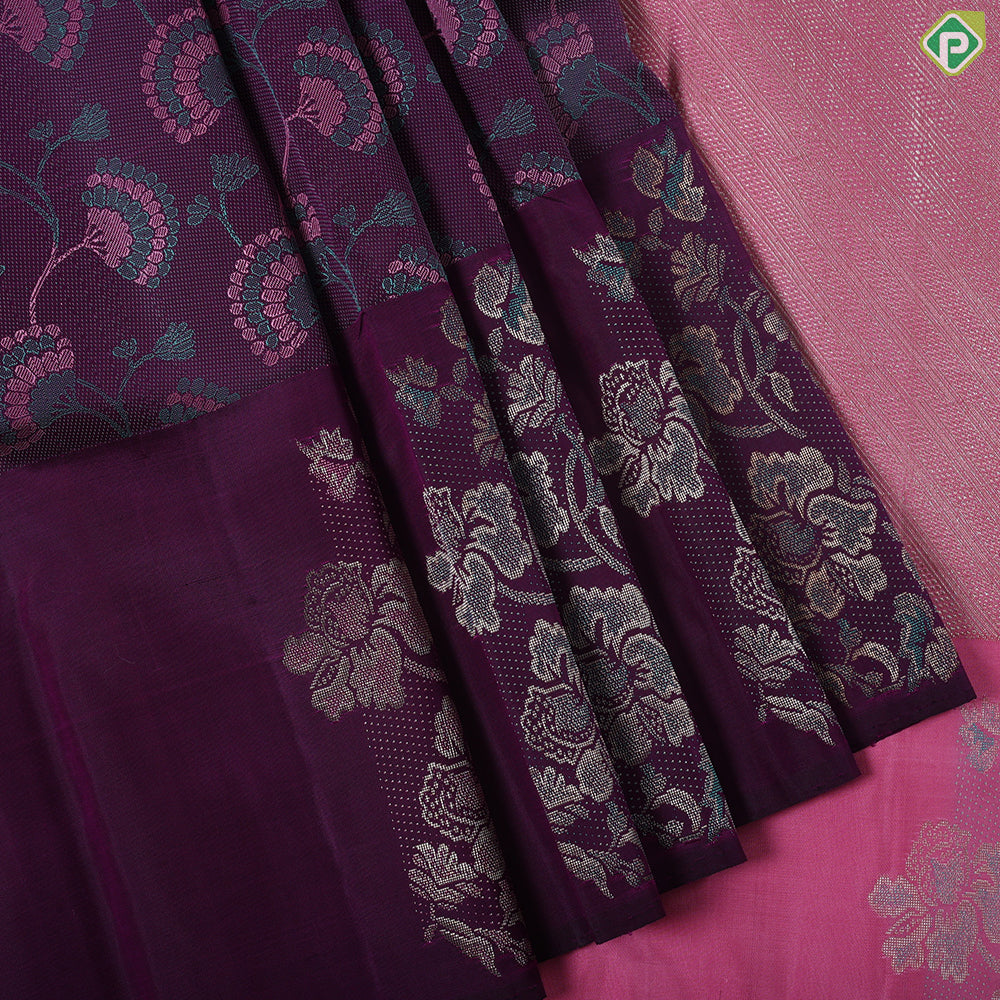 Purple multi color floral embossed design self multi color zari fancy butta border trendy silk saree