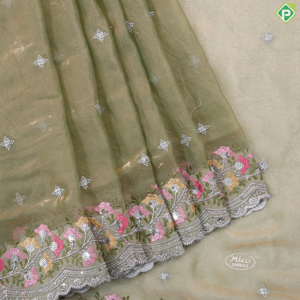 Mint green tissue effect diamond embroidered butta multi color floral cut work embroidery fancy saree
