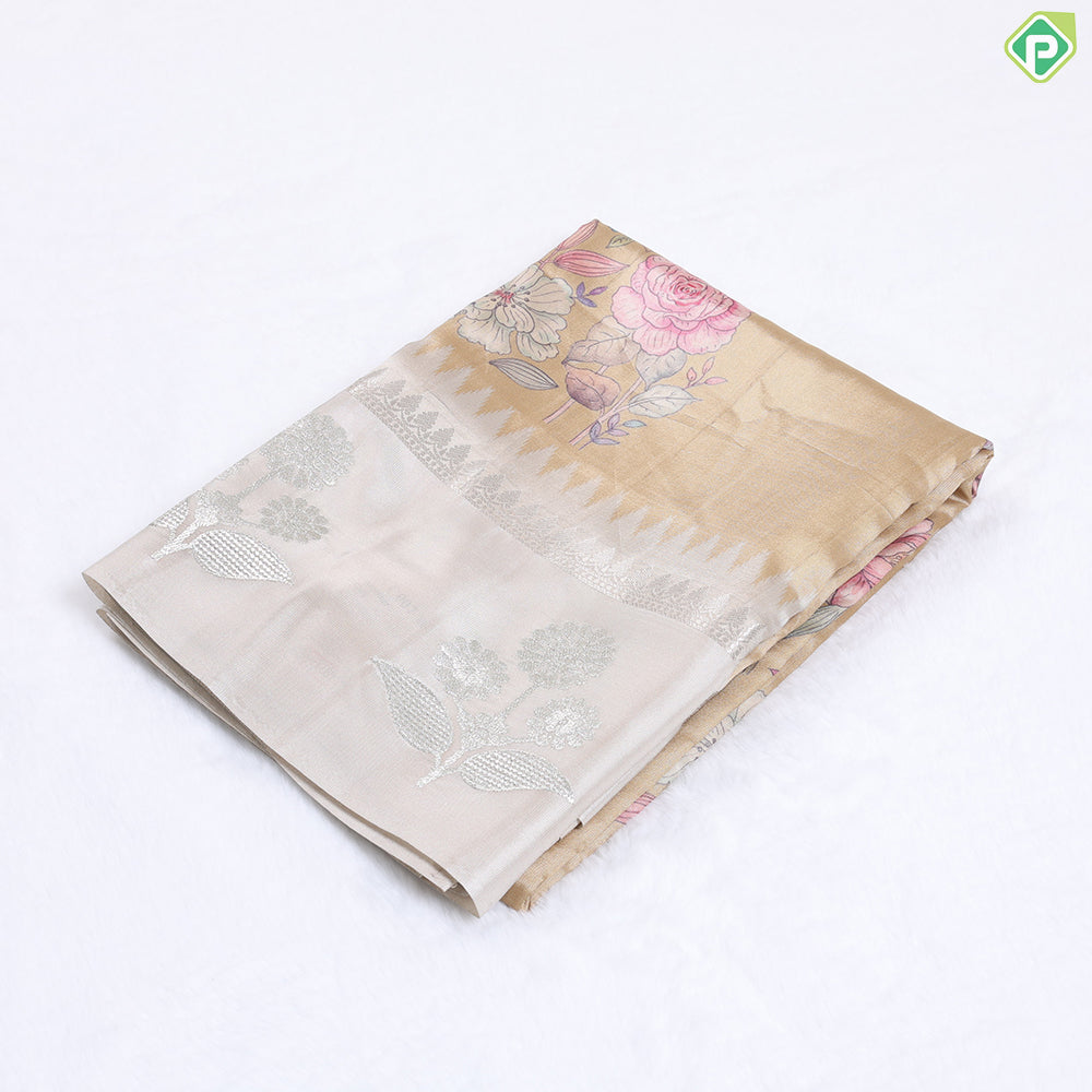 Sandal Colour With Multi Colour Flowers Printed Design Semi tusser Fancy Saree