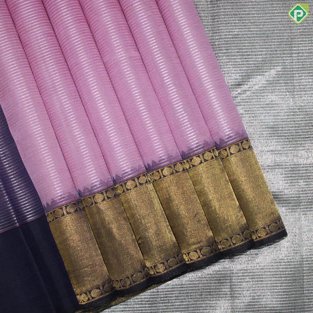 Baby Pink Silver Zari Velthari Lines Contrast Grape Brown Gold Zari Border Traditional Silk Saree