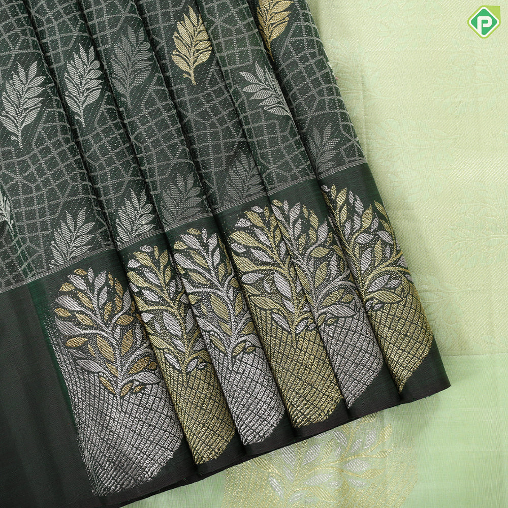 Olive green gold zari leaf butta thread work design self multi color zari butta border trendy silk saree