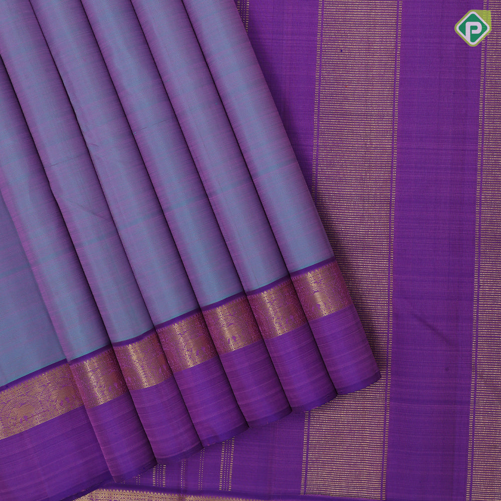 Ice blue dual done plain weaved purple blue gold zari elephant butta line border plain traditional vintage silk saree