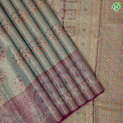 Sea green gold zari fancy floral meena work design Purple gold zari marriage scene design border tissue silk saree