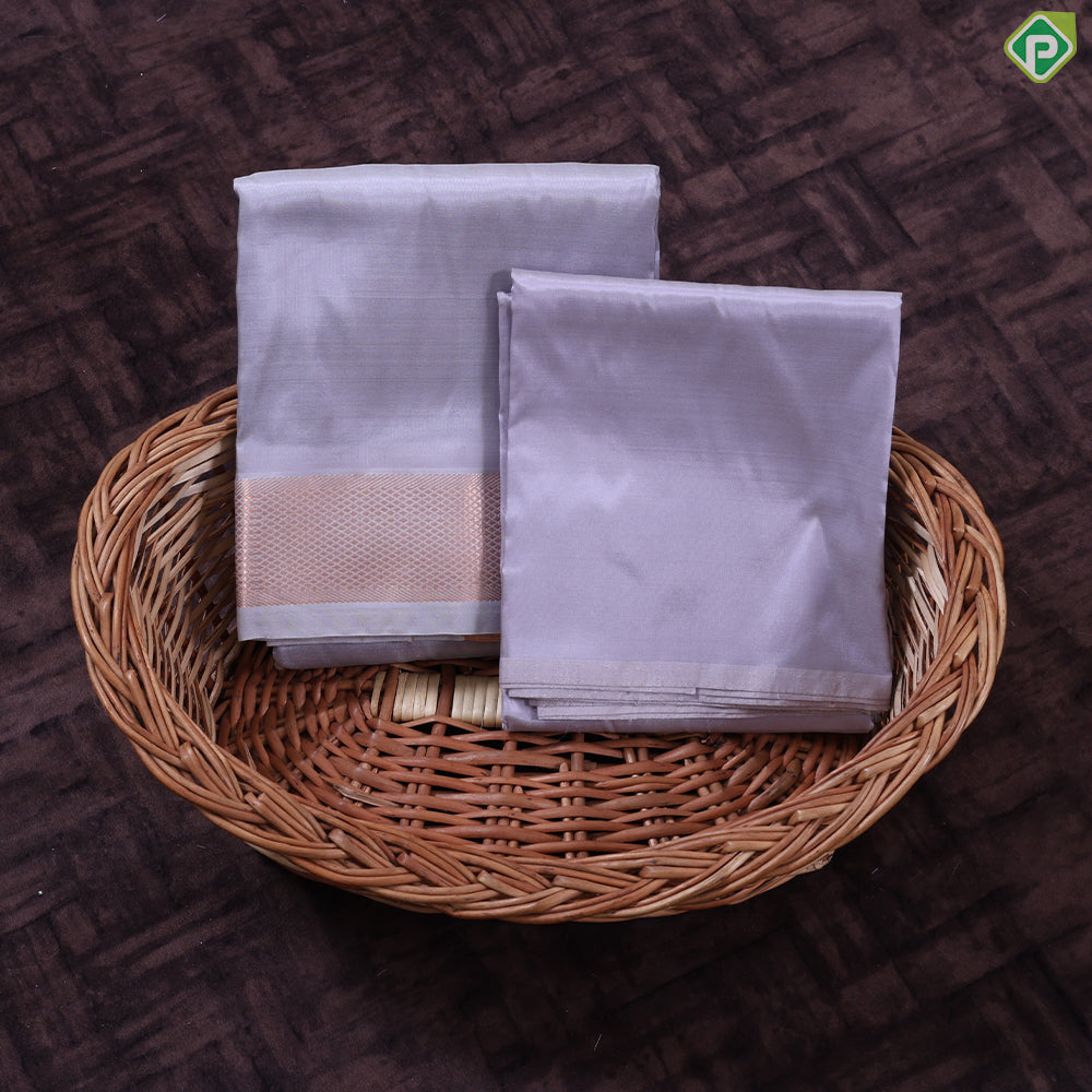 Lavender Gold Zari Mayilkan Border 2 in 1 Pure Mix Silk 8 Muzham Dhothi Set
