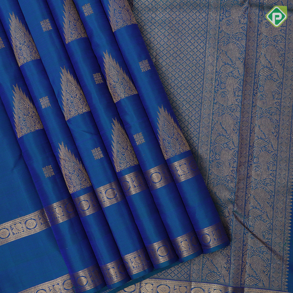 Peacock blue gold zari fancy tower butta self gold zari rettapet border traditional silk saree