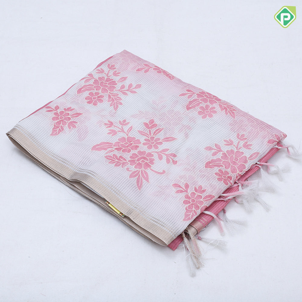 White base pastel color flower design gold zari edge border fancy cotton saree
