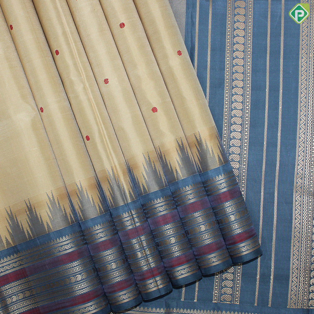 Sandal Wood Color Small Motif With Gray Color Thread Work And Temple Design Border Traditional Silk Saree
