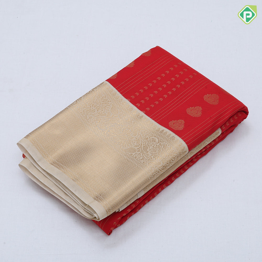 Rani red gold zari Stripes Thilagam stripes design sandal gold zari rangoli design border art silk saree