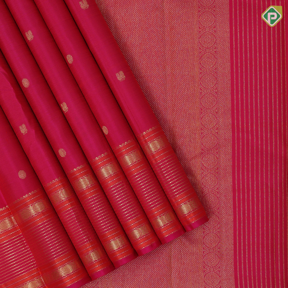 Dual shade pink gold zari small annam rudraksham butta self gold zari thread work multi lines border traditional silk saree