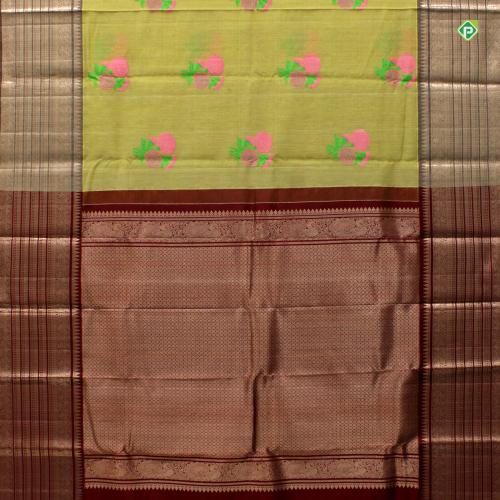 Moss Green With Marron Brown Colour Flower Meena Work Motifs Linen Silks Saree