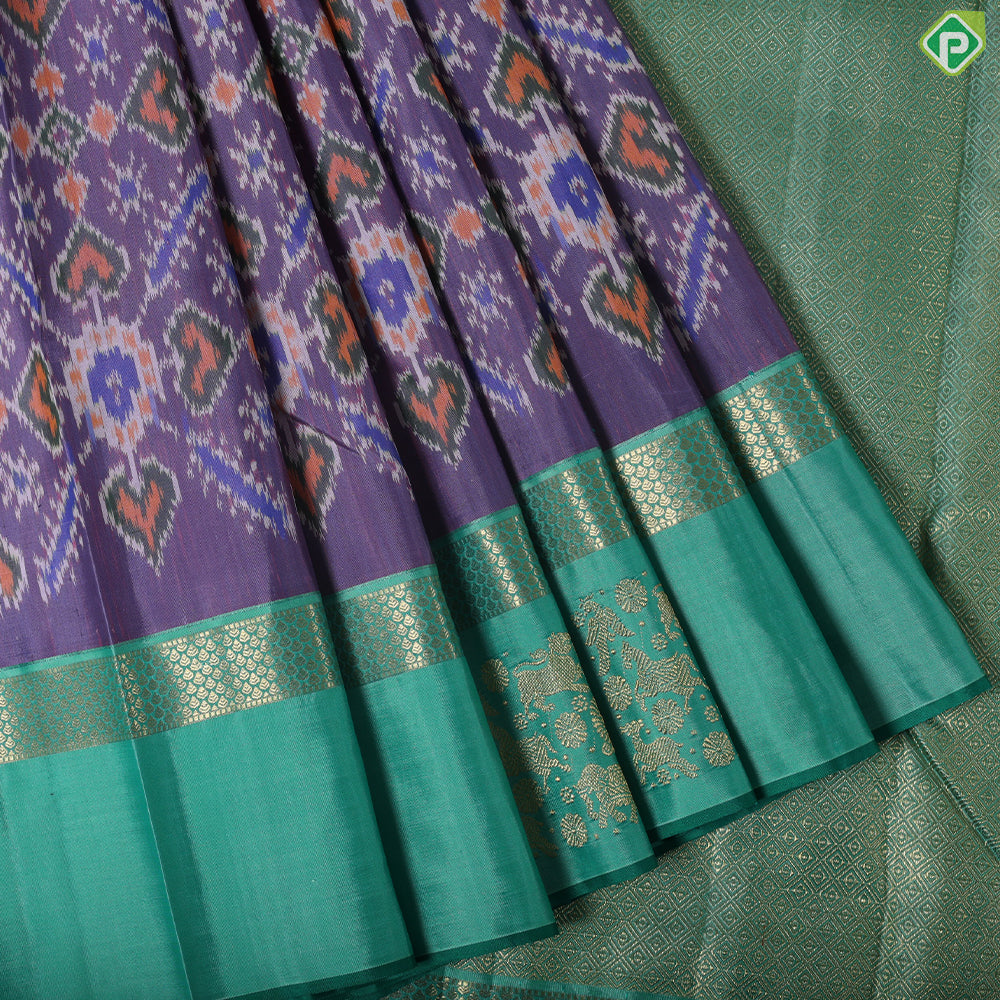 Lavender with multi color pochampalli design rexona green gold zari vanasingaram border Ikkat silk saree