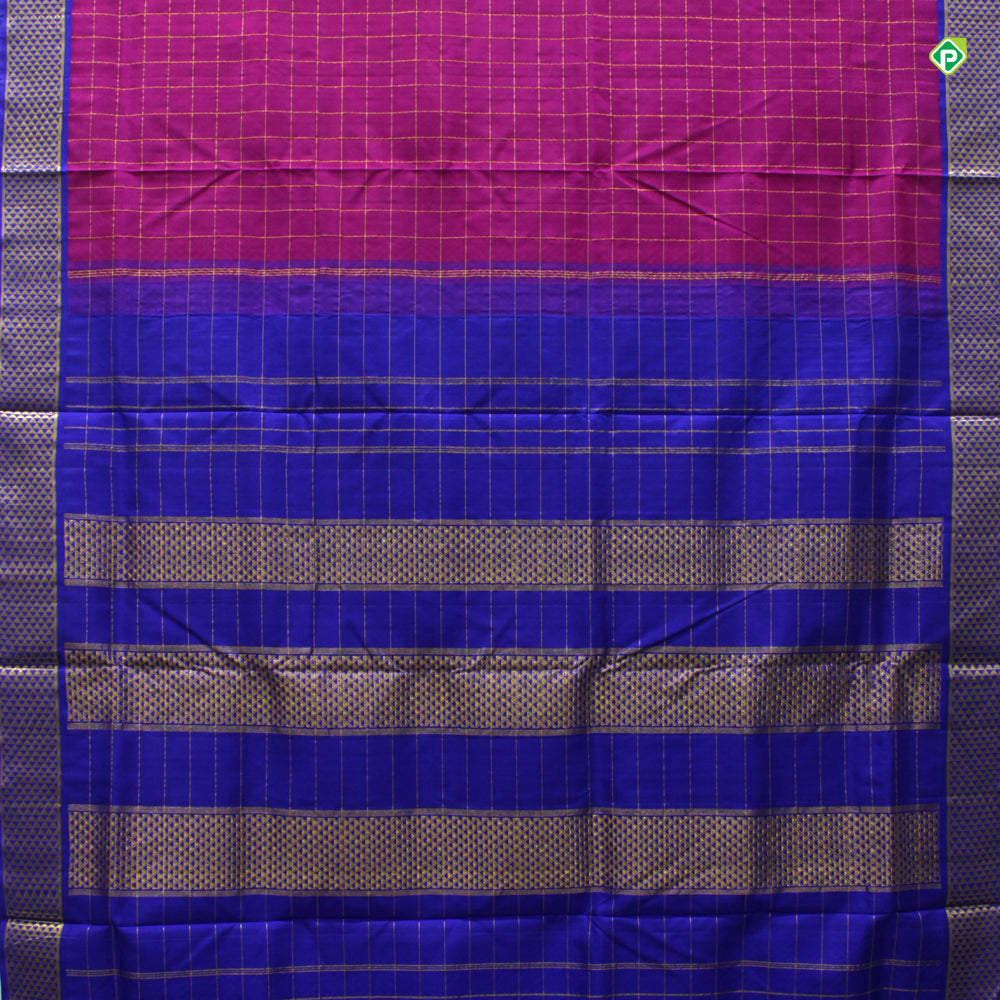 Magenta Pink Small Window Panel Checks Grand 9 Yards or Madisar Silks Saree
