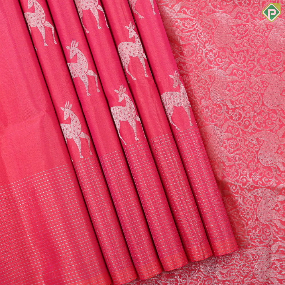 Orangish pink silver gold zari deer butta body design self zari kattam border Soft silk Saree