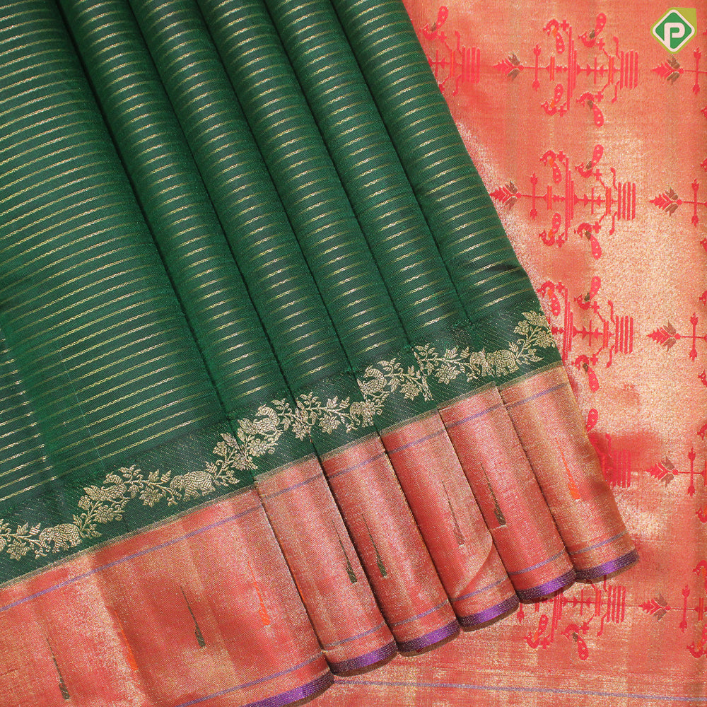 Bottle Green Gold Zari Lines With Red Color Border Traditional Silk Saree