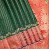Bottle Green Gold Zari Lines With Red Color Border Traditional Silk Saree