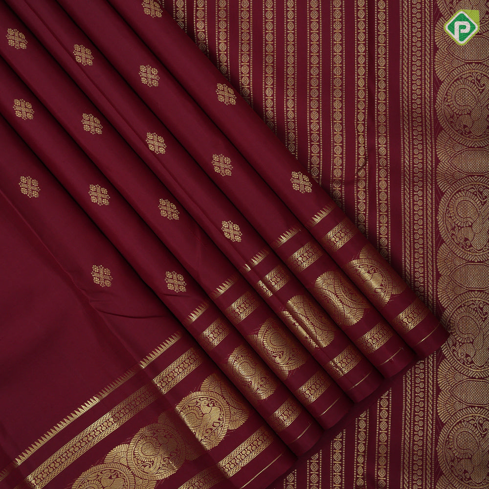 Beetroot red gold zari fancy round butta self gold zari peacock round butta border traditional silk saree