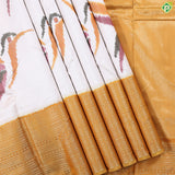 Cream white multicolor flying twitter ikkat design Mustard yellow gold zari multi lines border ikkat silk saree