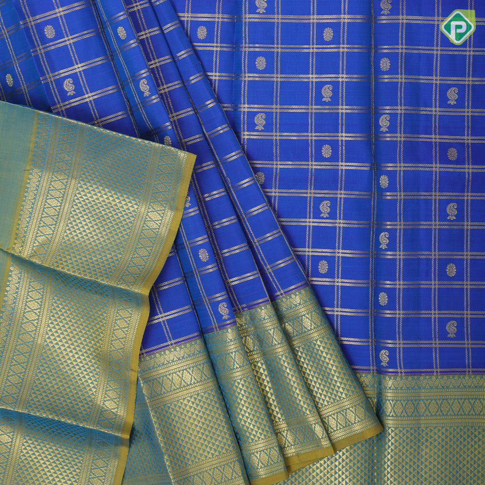 Peacock blue gold zari double check and butta peacock green gold zari mayikan border pattu paavadai lehanka