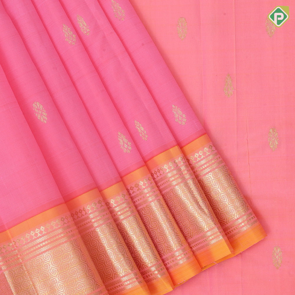 pale pink gold zari fancy butta orange gold zari diamond design one side border silk saree