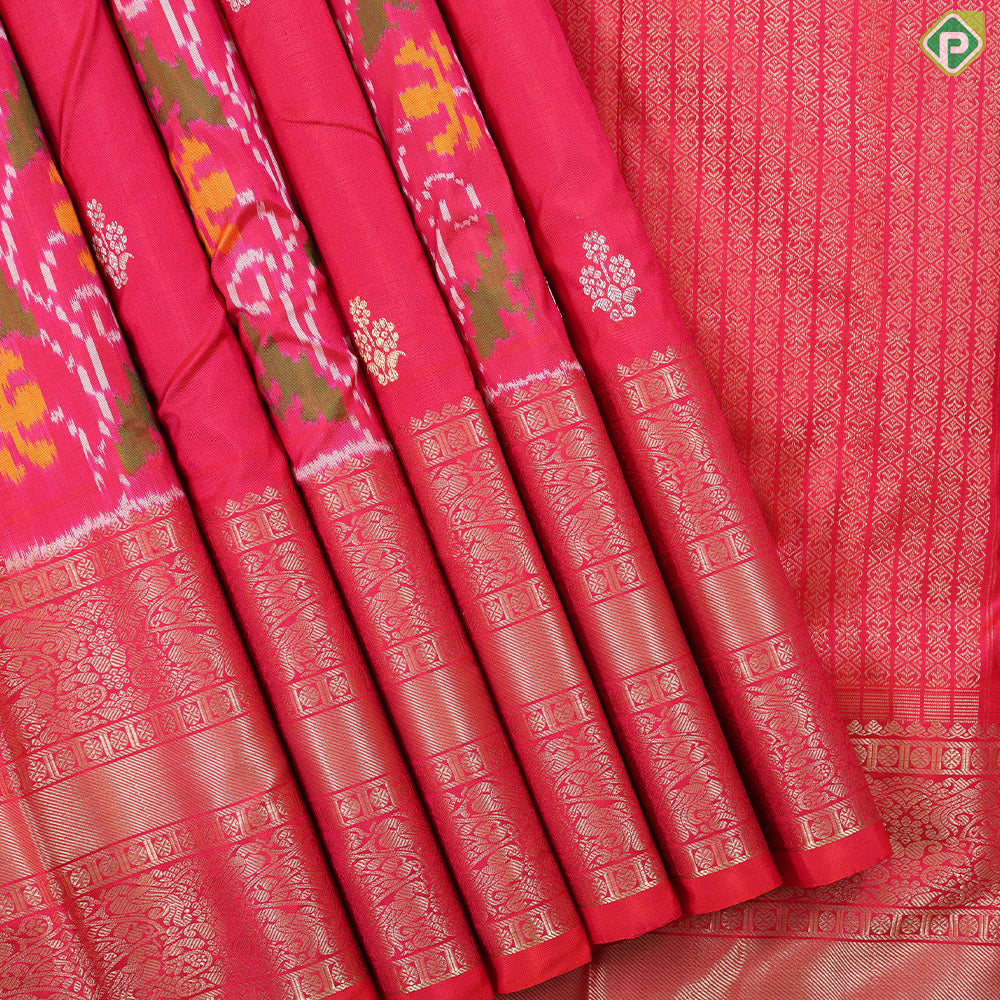 Pinkish Red gold zari stripes silver zari butta ikkat design self gold zari bordar Ikkat Silk saree