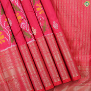 Pinkish Red gold zari stripes silver zari butta ikkat design self gold zari bordar Ikkat Silk saree