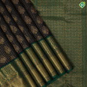 Black Colour Gold Zari Small Checked Thilagam Butta Design Green Colour Peacock Chagaram Border Design Luxury Black Silk Saree