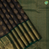 Black Colour Gold Zari Small Checked Thilagam Butta Design Green Colour Peacock Chagaram Border Design Luxury Black Silk Saree