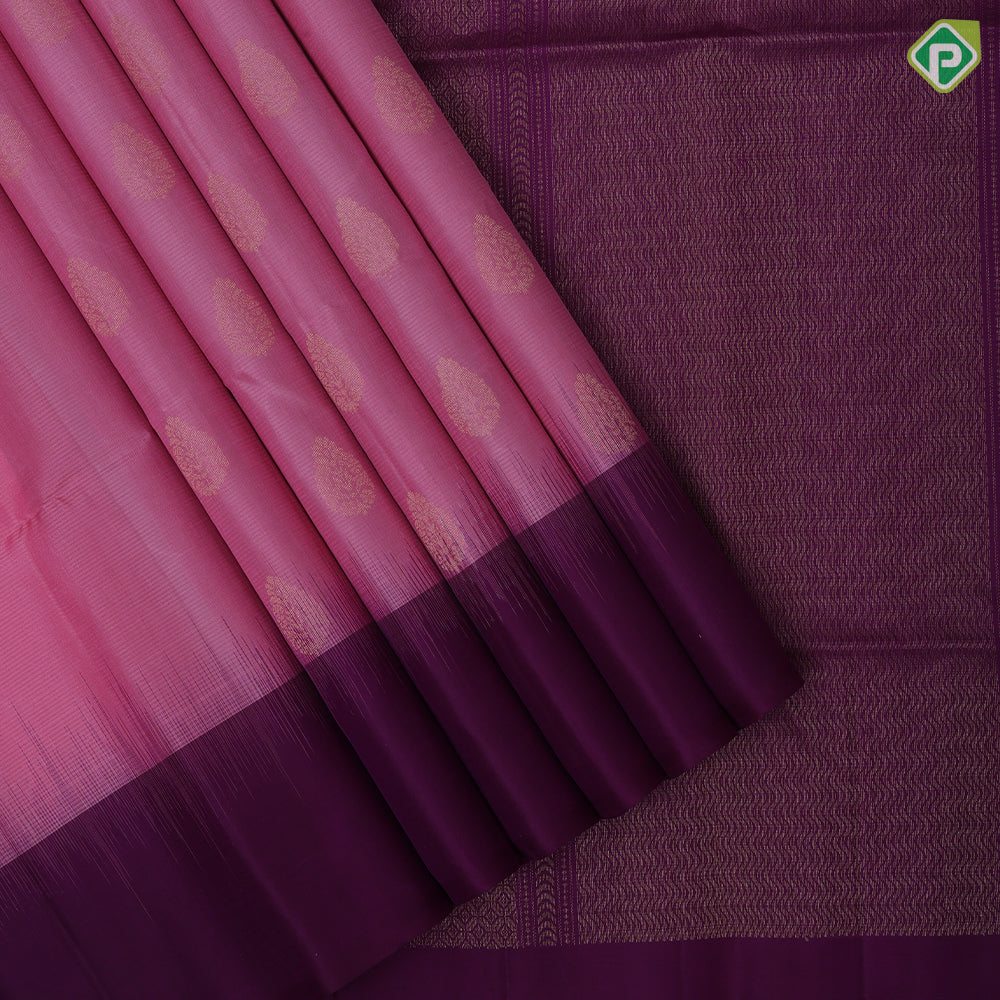 Baby pink gold zari fancy leaf butta motifs purple plain border contrast grand pallu soft silk saree