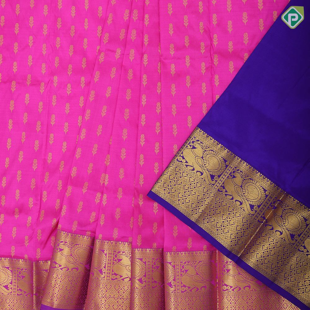 Pink gold zari small flower butta design purple pink gold zari peacock butta border pattu paavadai lehanka