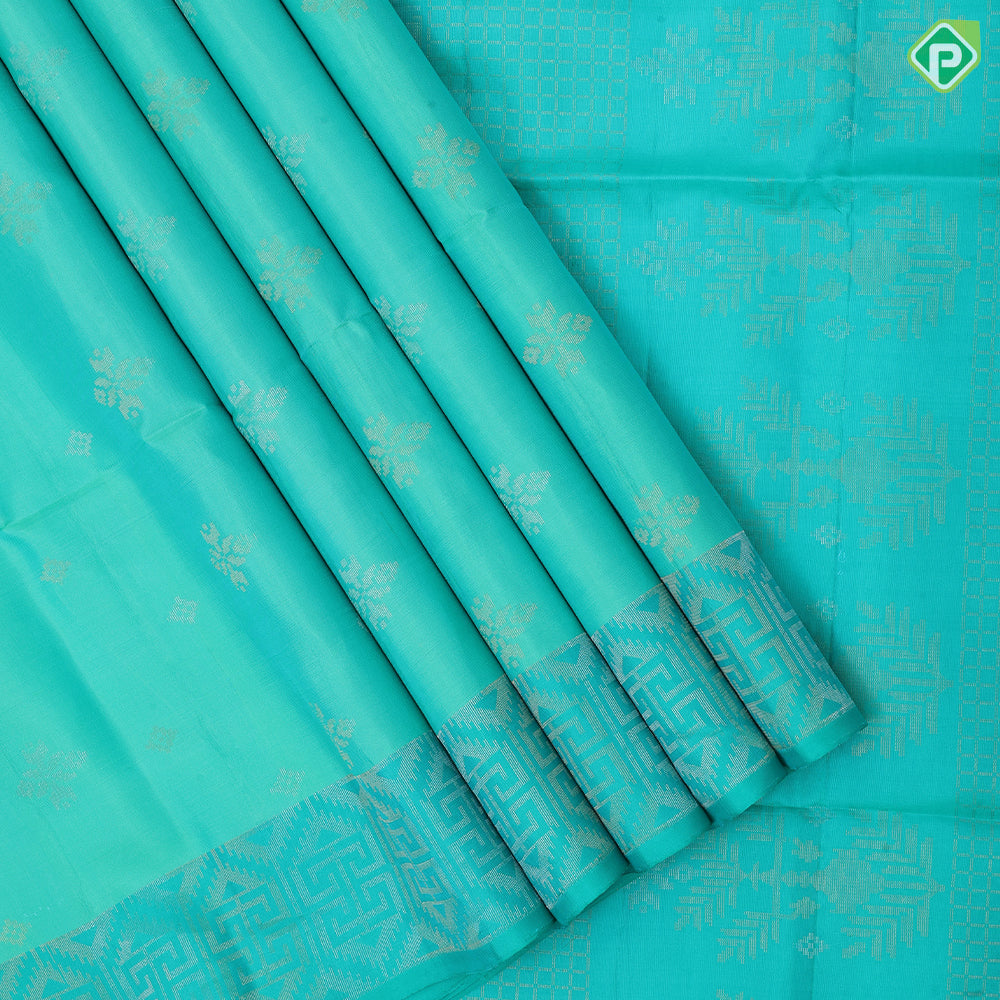 Spring green silver gold zari fancy flower butta motifs sea green silver gold zari graphic design border soft silk saree
