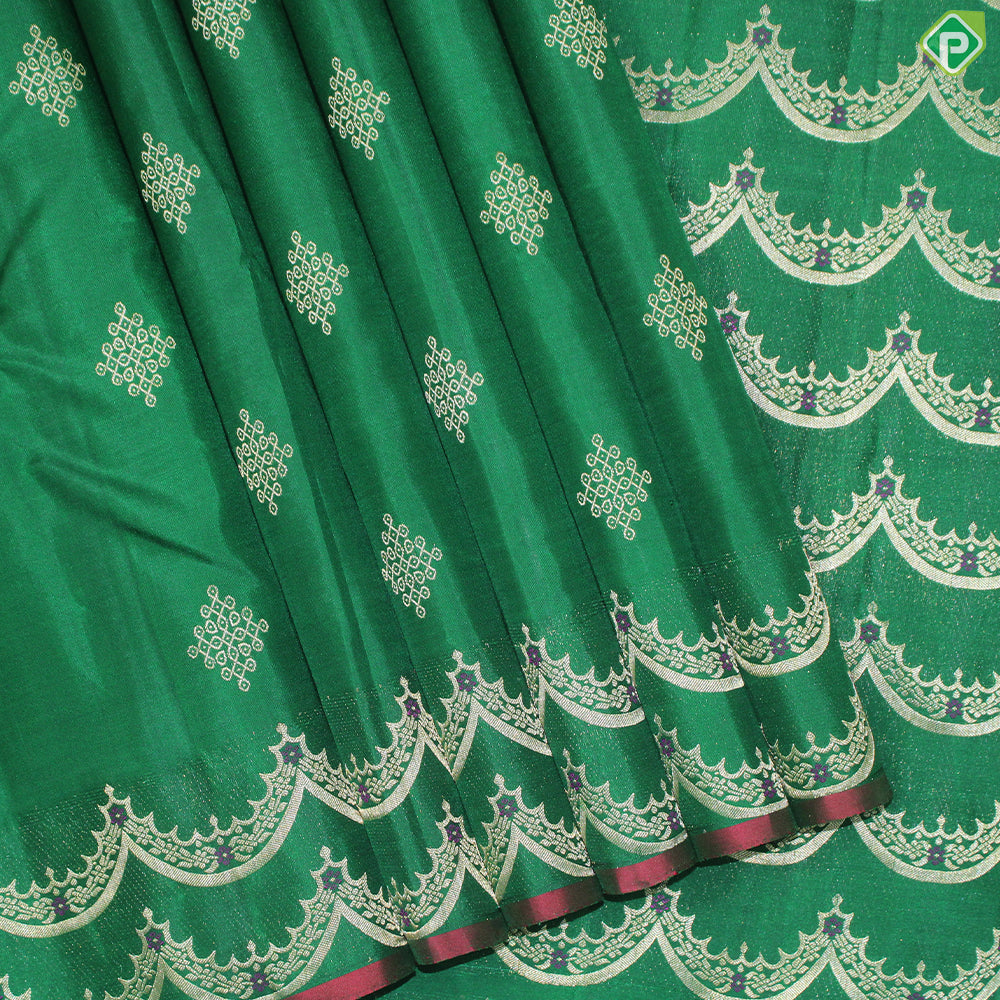 Green Gold Zari Rangoli Motif With Self Color Turning C Type Meena Work Border  Trendy Silk Saree