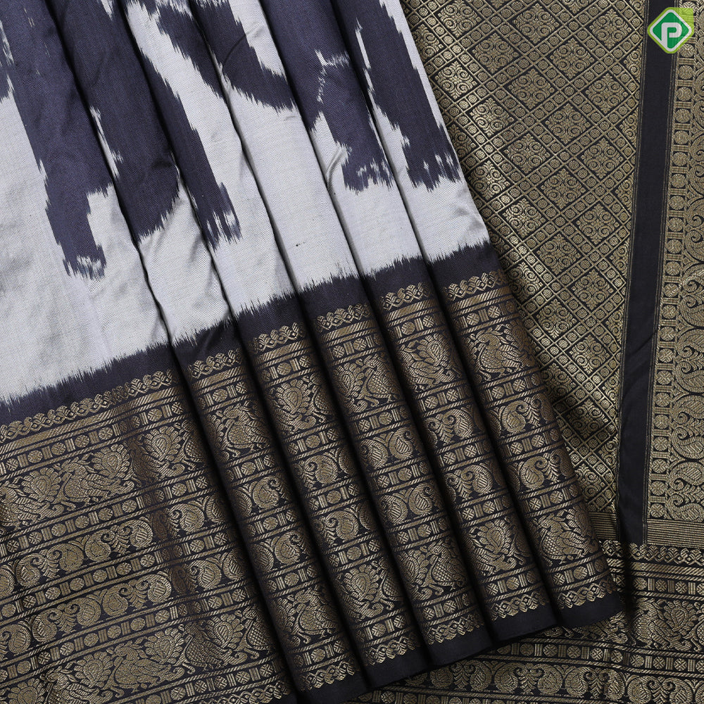 Ash Grey Big Elephant ikkat Design Contrast Black Gold Zari Peacock and mango multi lines border Ikkat silk saree