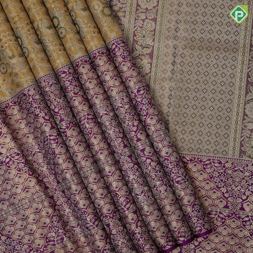 Lemon green silver gold zari silk thread meena work Purple gold zari meena work border grand tissue silk saree