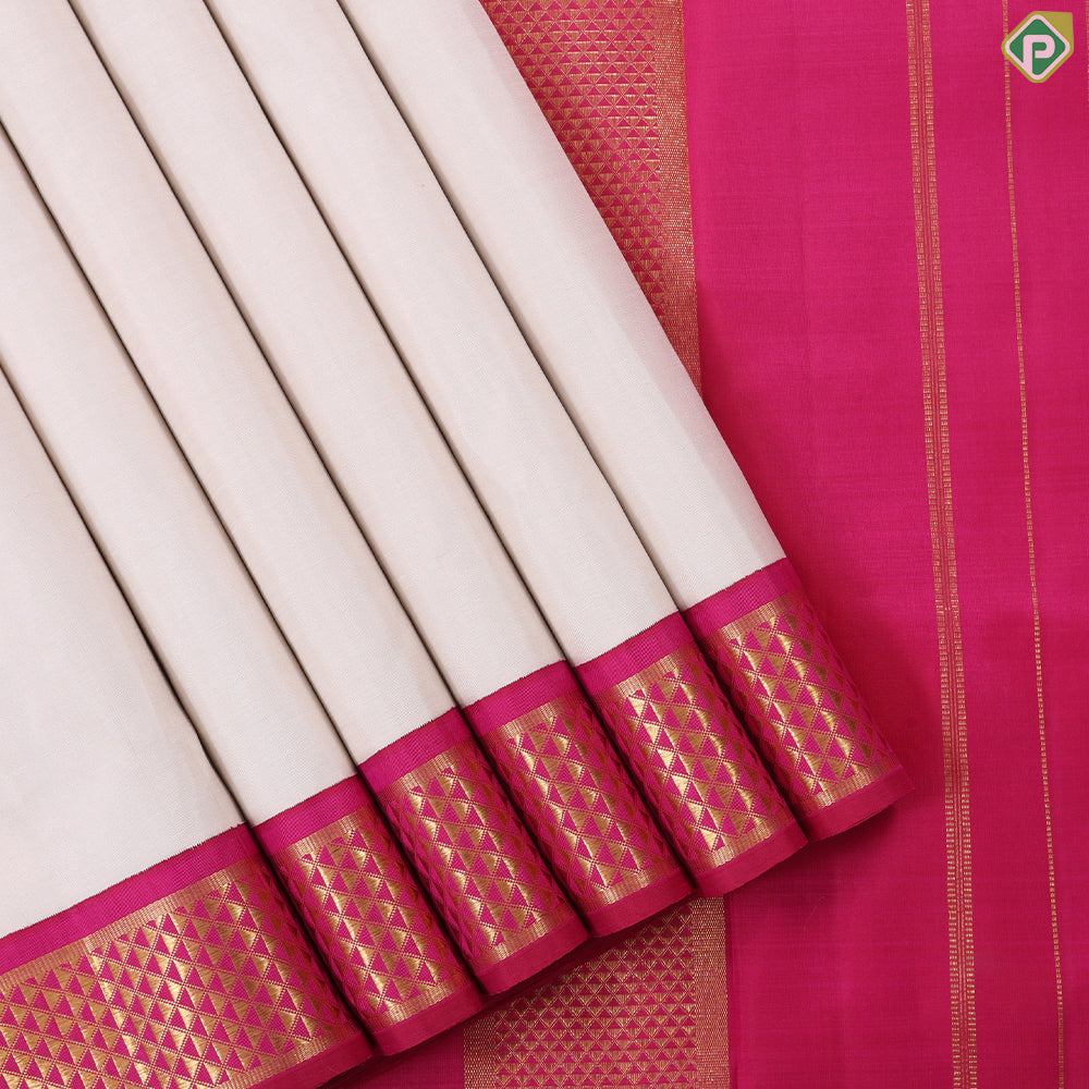 Milk white plain weaved design pink gold zari mayikan border madisar 9 yards silk saree