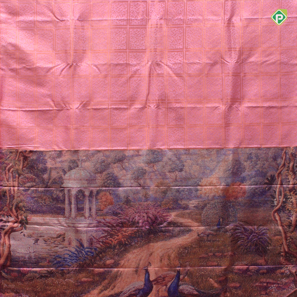 Peach Pink Colour Big Window Panel Checks With 3D View Design Pallu Trendy Silks Saree