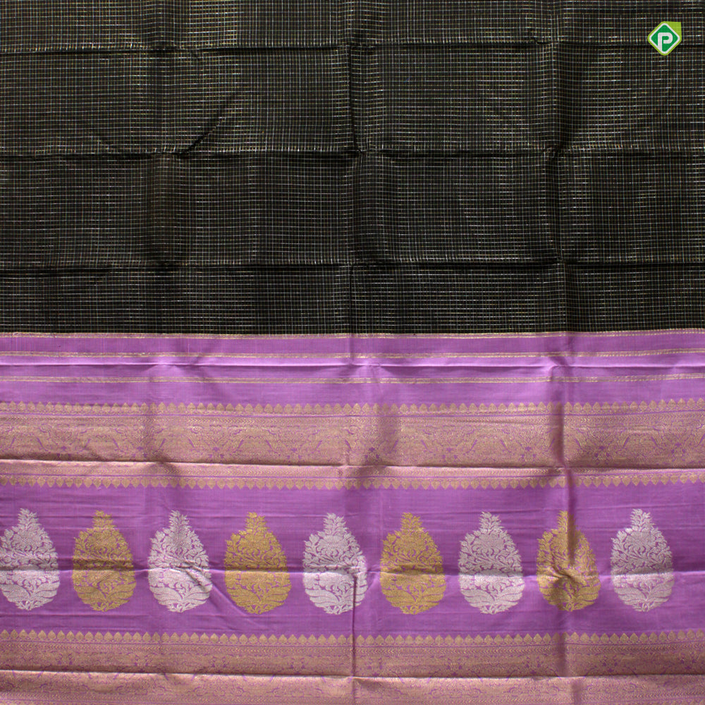 Black With Lavender Colour Small Zari Cross Checks Luxury Black Silks Saree