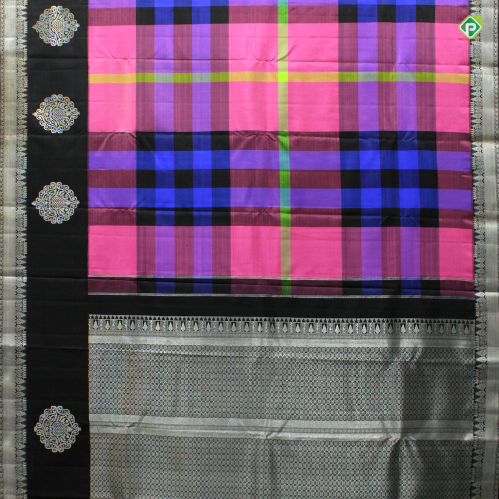 Bubble Cum Pink Black Colour Multi Colour Checks Trendy Silks Saree
