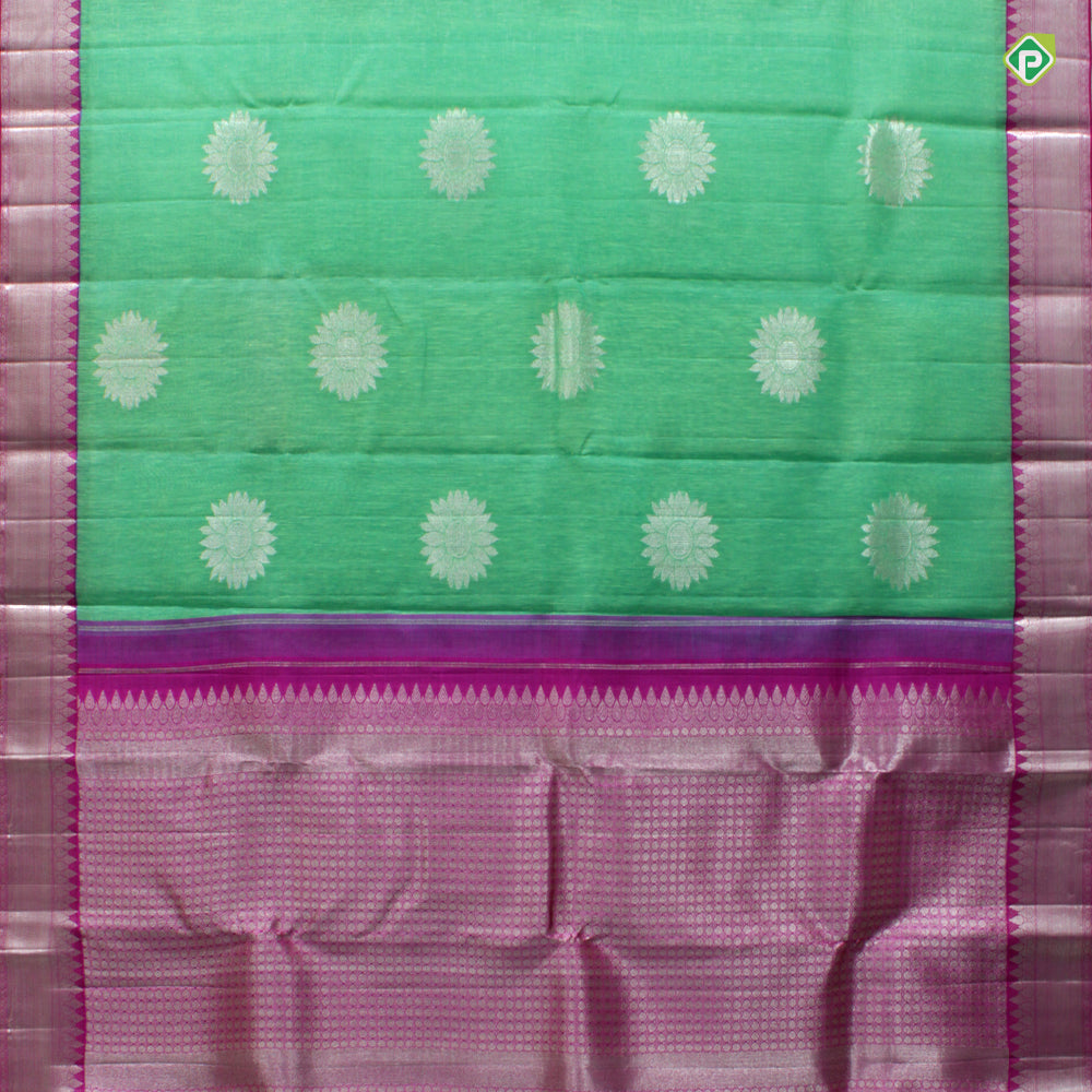 Sea Green With Hot Pink Flower Motifs Partly Motifs Linen Silks Saree