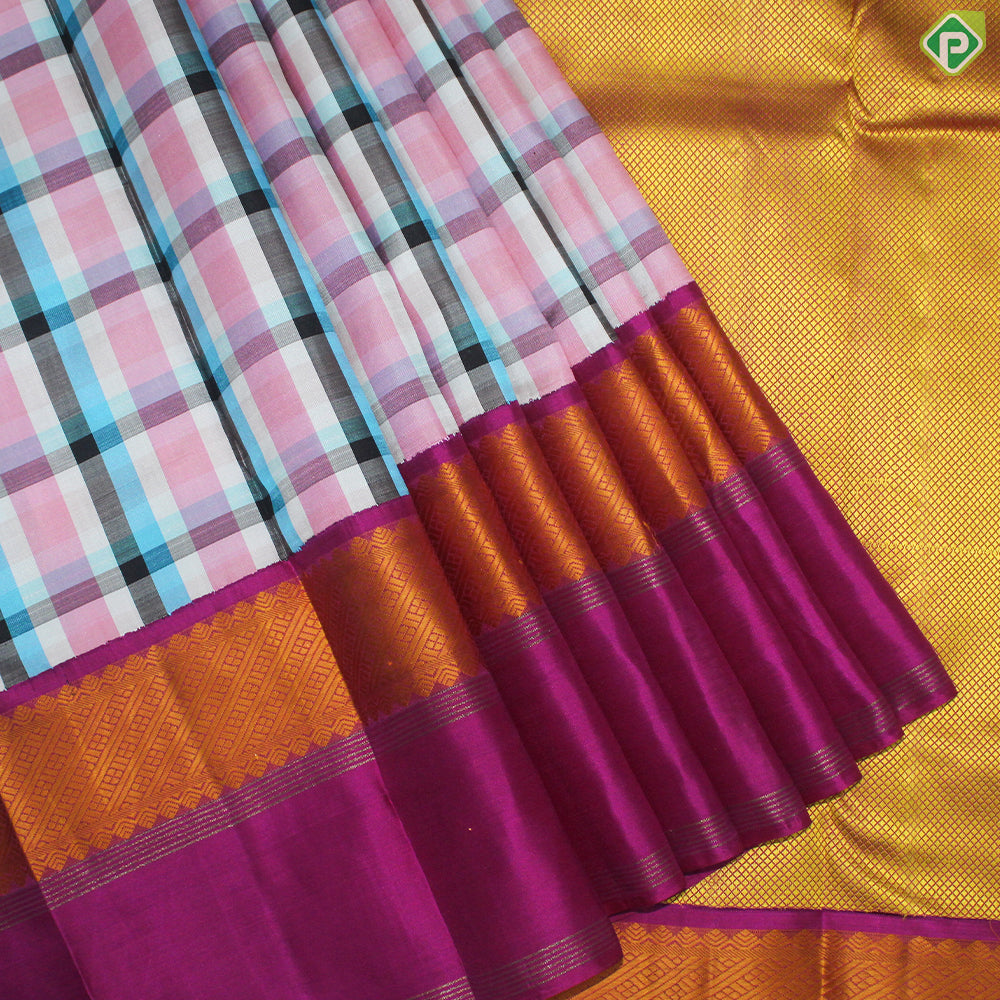Multi Color Checked Gold Zari With Pink Vaira Oosi Lines Border Traditional Silk Saree