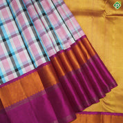 Multi Color Checked Gold Zari With Pink Vaira Oosi Lines Border Traditional Silk Saree