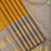 Mustard Yellow Gold Zari Check Design Cream Colour Peacock Border Design Traditional Silk Saree