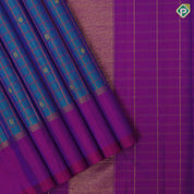 Peacock blue gold zari thread Checks and butta motifs contrast purple plain border traditional silk saree