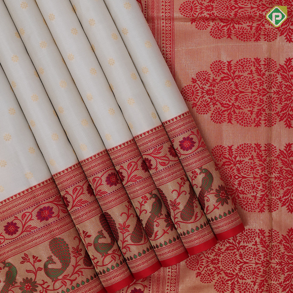 cream white gold zari flower butta design red meena work border traditional gift silk saree