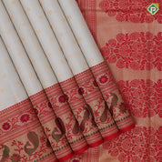 cream white gold zari flower butta design red meena work border traditional gift silk saree