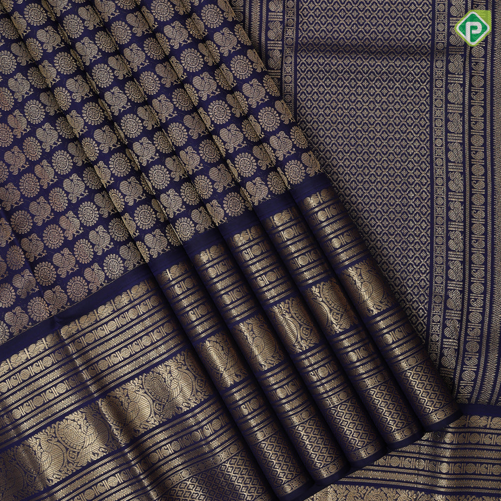 Indigo Blue gold zari peacock rudraksham full body butta self color gold zari multi design lines bridal silk saree