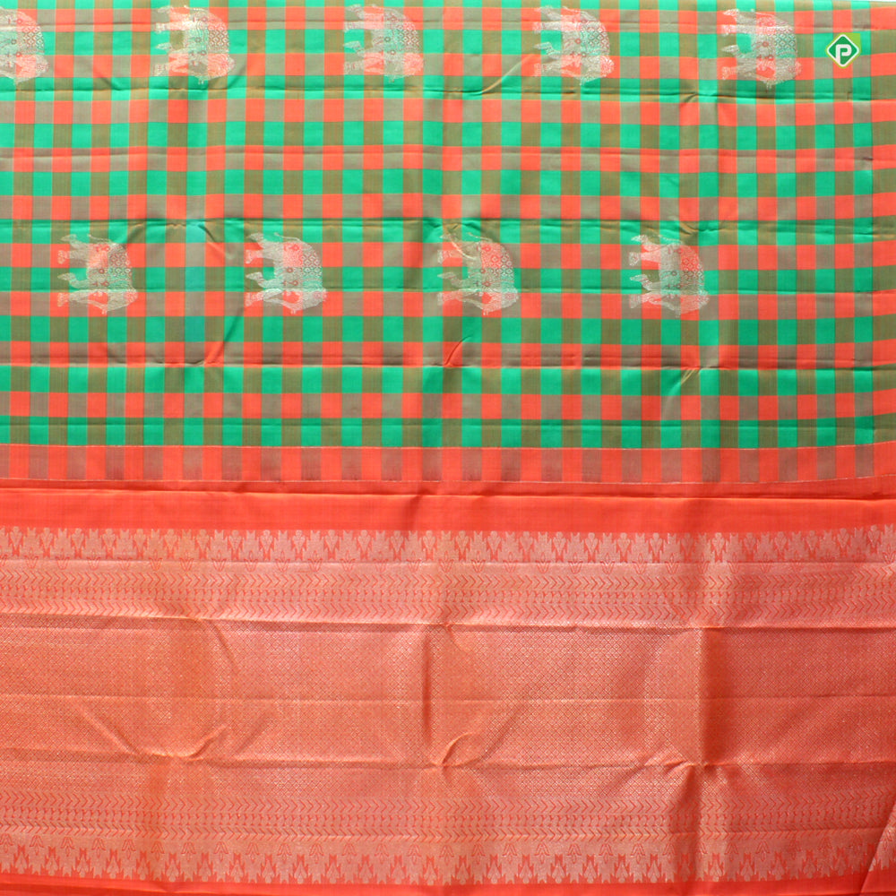 Kelly Green With Orange Fancy Butta And Partly Motifs  Trendy Silks Saree