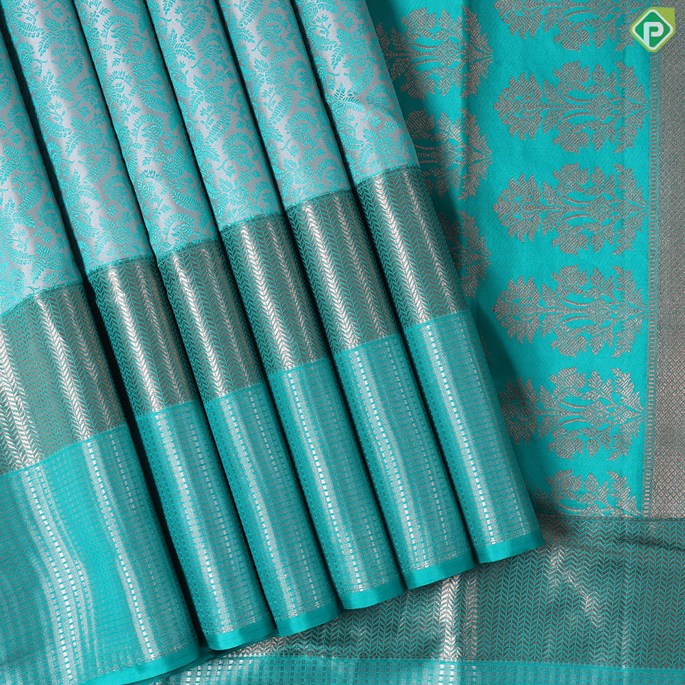 Silver Grey With Rexona Green Silk Thread Small Flower And Rexona Green Small Lines Border Trendy Designer Silk Saree