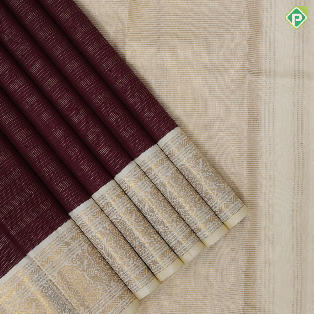 Brownish maroon gold zari vairaoosi lines design contrast milk white gold zari peacock butta border traditional vintage silk saree