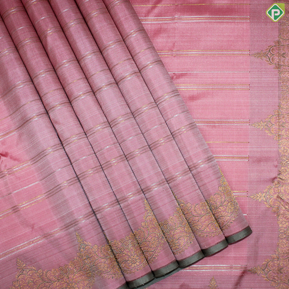 Peach Pink With Silver and Gold Zari Lines Self Colure Border Trendy Silk Saree